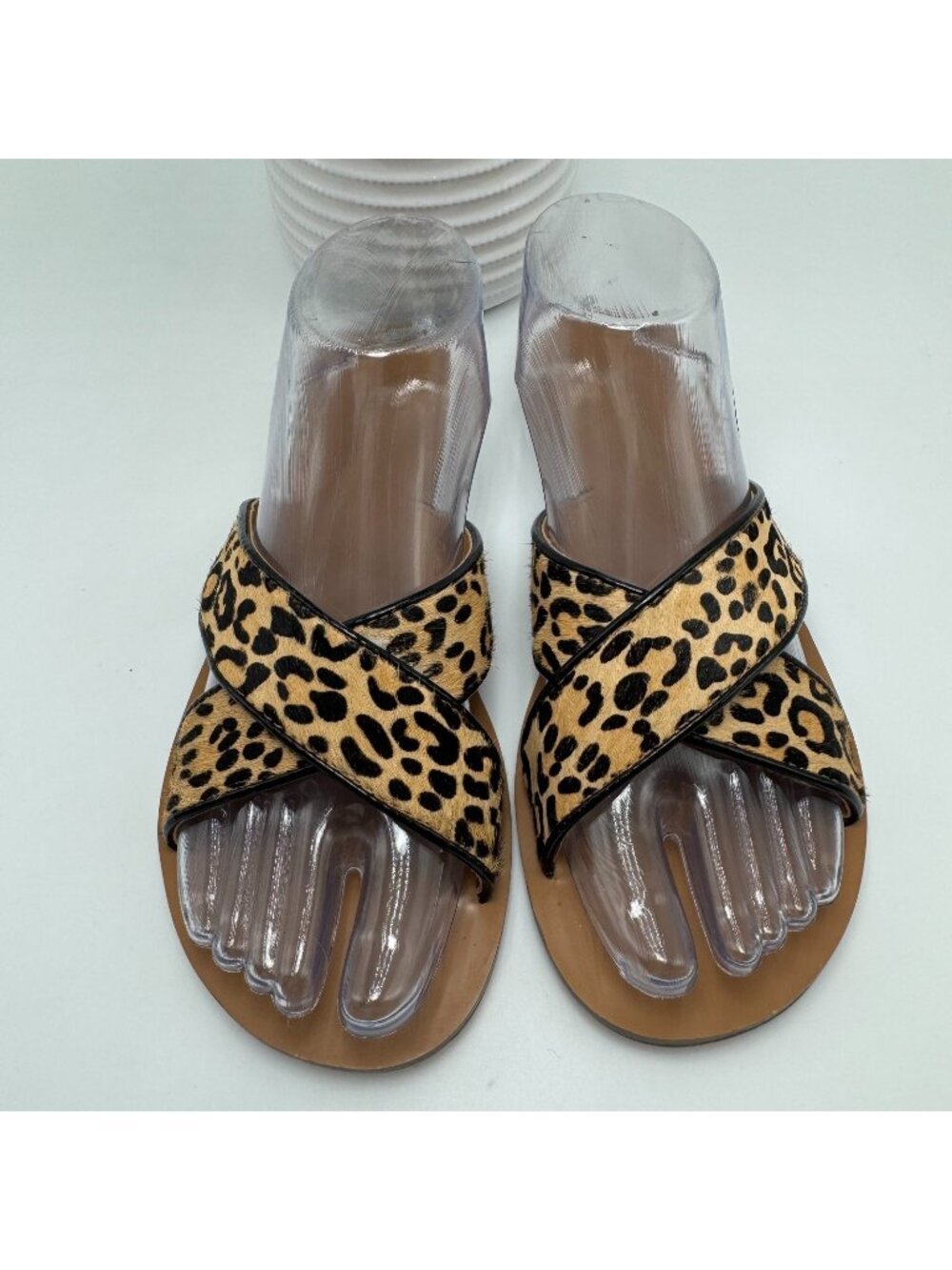 J.Crew Seaside E8847 Slide Sandal Women 8 Brown Leopard Leather Crisscross Strap